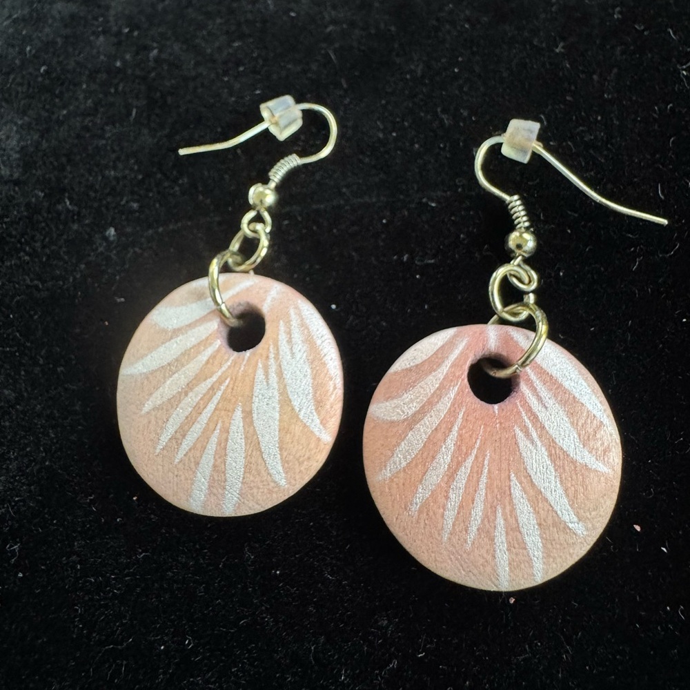 Vintage Wooden Pink Painted Boho Retro Antique Metallic Silver Earrings